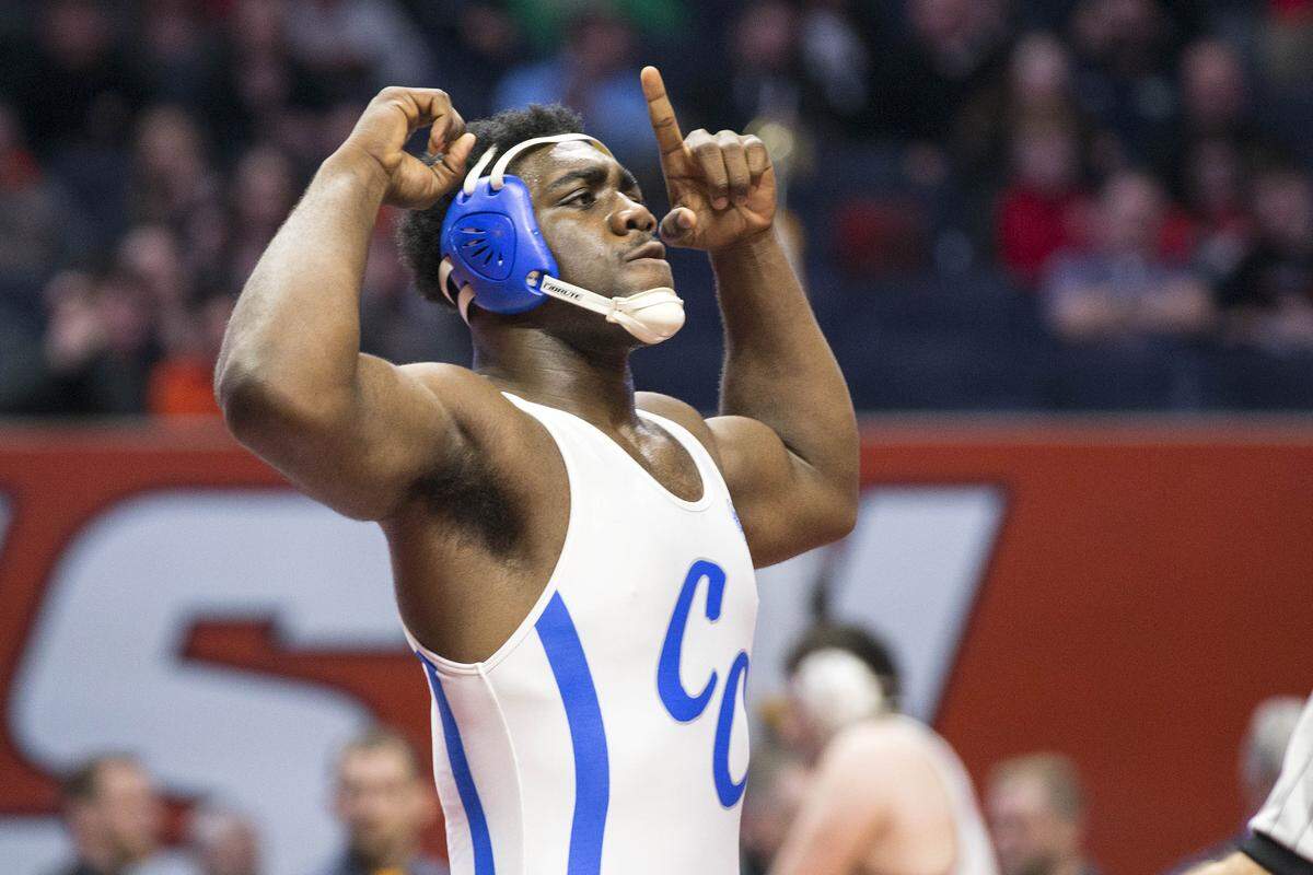 February 16, 2019 - Champaign, IL - Cahokia’s Jacob Bullock wrestles wins the 220-pound championship match at the Illinois High School Association Individual Wrestling State Finals. (Photo: PhotoNews/Chris Johns)