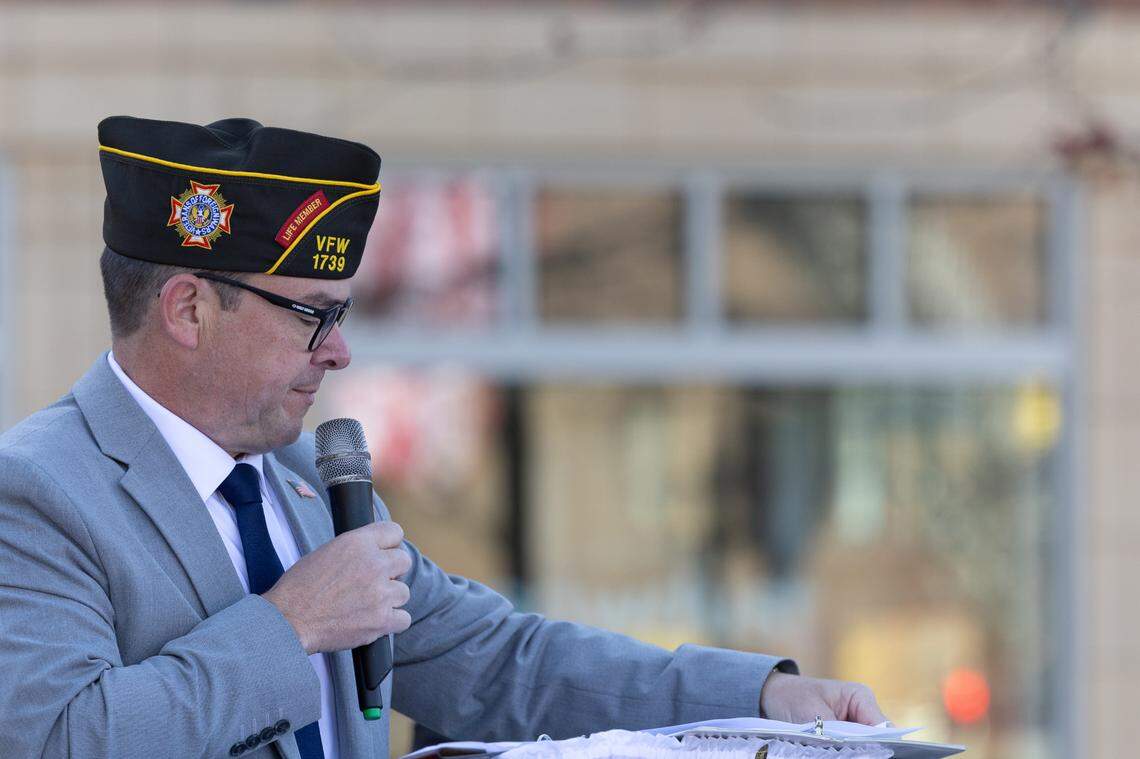 Captain John Lawson, superintendent of the Veterans Assistance Commission of St. Clair County speaks during Belleville’s 26th annual Veterans Day ceremony on Nov. 11, 2024.