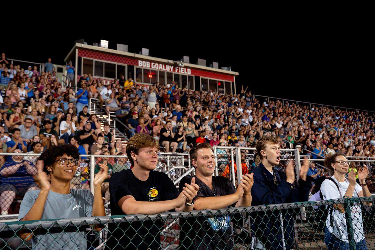 Thousands of fans cheer on The Boston Crusaders as they perform their show “BOOM” late Tuesday night, July 22, 2025, at Belleville West High School in Belleville.