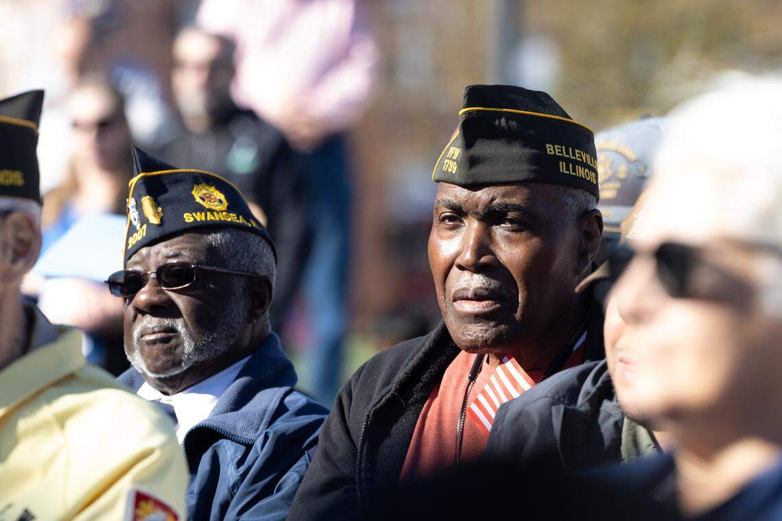 Belleville Alderman Johnnie Anthony sits next to fellow veterans during Belleville’s 26th annual Veterans Day ceremony on Nov. 11, 2024.
