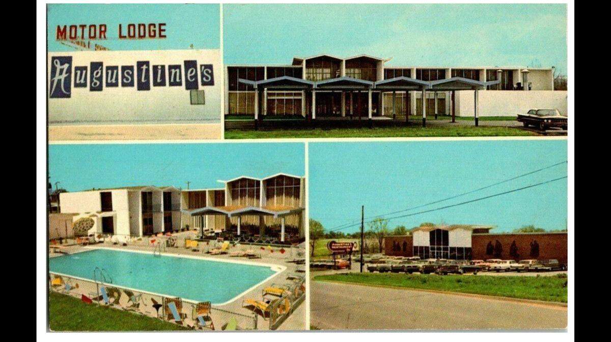 A postcard from the 1960s of the Augustine’s Motor Lodge and restaurant in Belleville made by Curteichcolor with photography by Belle-Flair Photography.