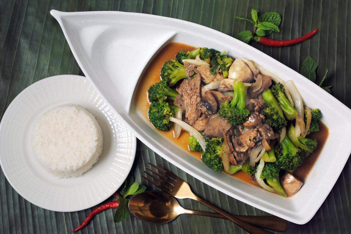 Pad Broccoli with a side of white rice is on the menu at Banana Leaf Thai Restaurant in Belleville.