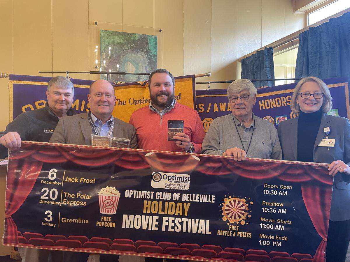 The Optimist Club of Belleville presents Belleville School District 118 with the proceeds of its Holiday Movie Festival. From left to right are the Senior Vice President of the Bank of Belleville Todd Neighbors, Belleville 118 Superintendent Ryan Boike, Westhaven Elementary Principal Allen Spargur, the project’s fundraising chair George Santner and President of Memorial Belleville and Shiloh Hospitals Deborah Graves. The hospitals and bank were essential sponsors of the fundraising project.