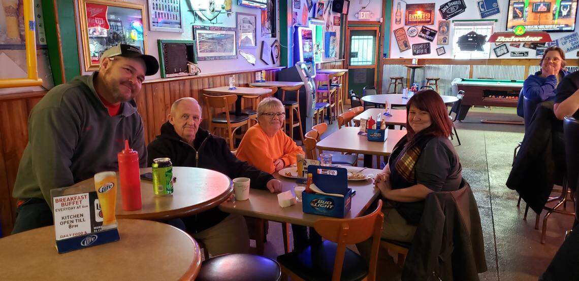 Big O’s customers pose for photos after breakfast. They include, left to right, Michael Beatte, Madison Mayor John Hamm, Robin Moran, Sue Beatte and Mary Sloan.