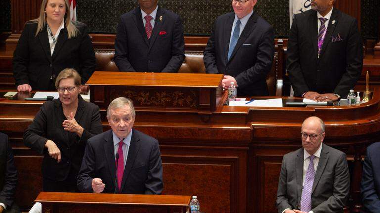 Durbin warns of deep divisions in farewell address to Illinois lawmakers