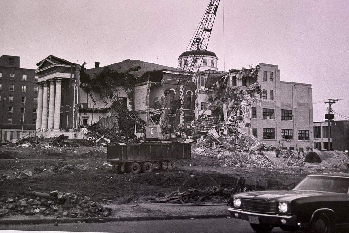 Demolition of the St. Clair County Courthouse in 1972 in downtown Belleville.