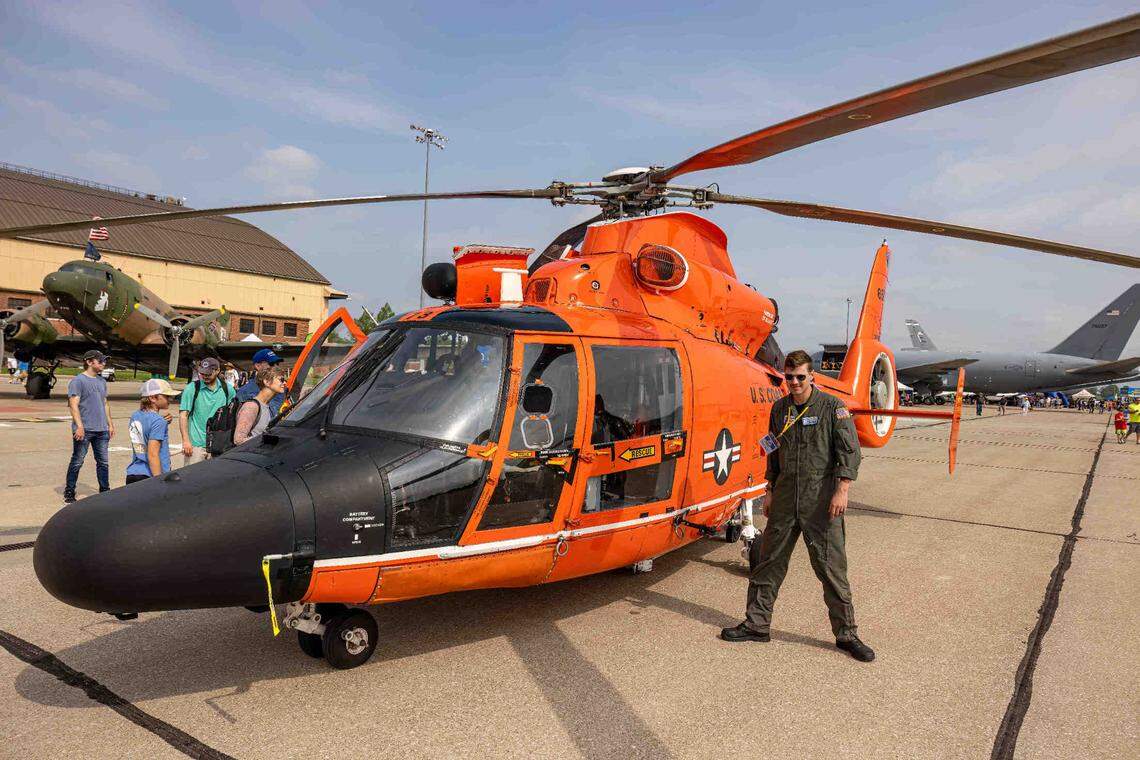 Pictured is a U.S. Coast Guard MH-65 helicopter during the Scott Air Force Base Airshow. The airshow, at SAFB for the first time since 2017, drew large crowds.