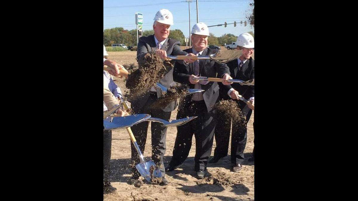 McKendree University President James Dennis, left, and other officials break ground for the new McKendree MetroRecPlex in O’Fallon in 2015.
