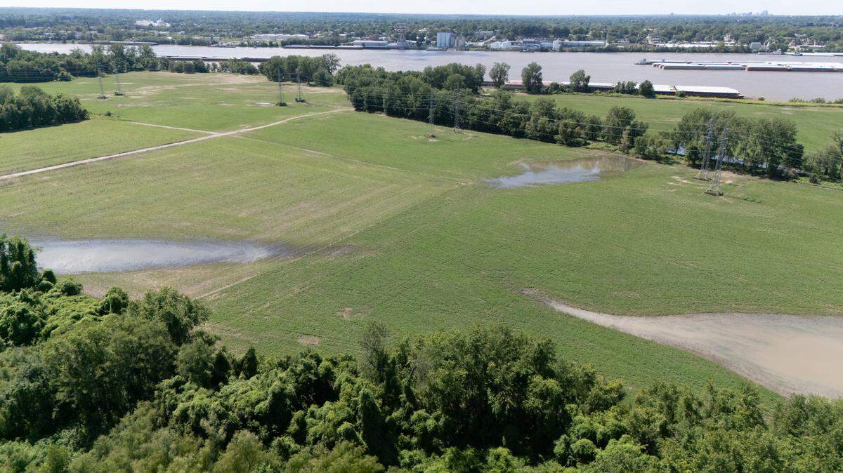 Drone photograph showing flooding on agricultural land in East Carondelet, Ill. on Jul 5, 2024, after heavy rain caused nearby rivers to spill over.