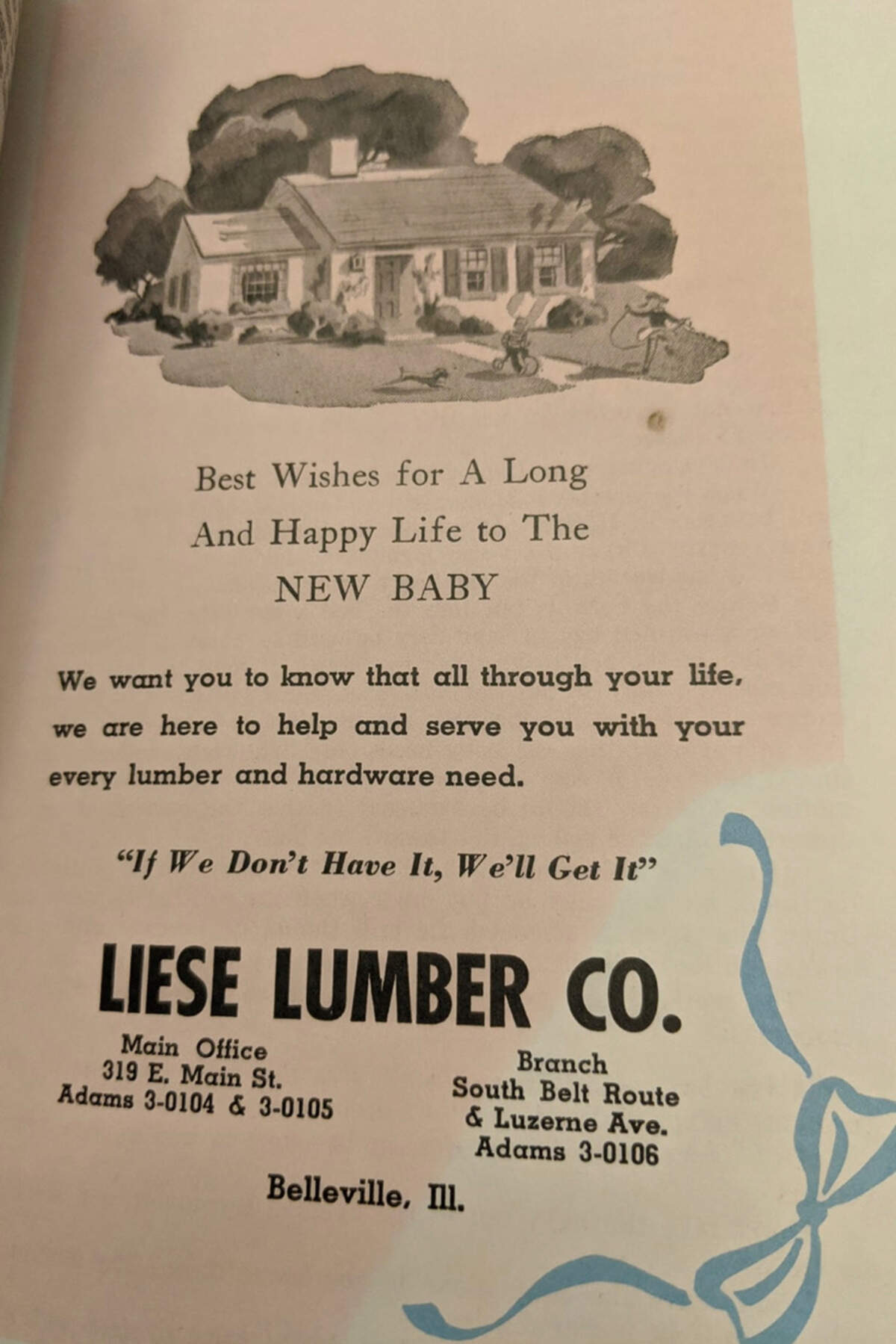 Liese Lumber Co. in Belleville used to send out letters congratulating all local residents with new babies.
