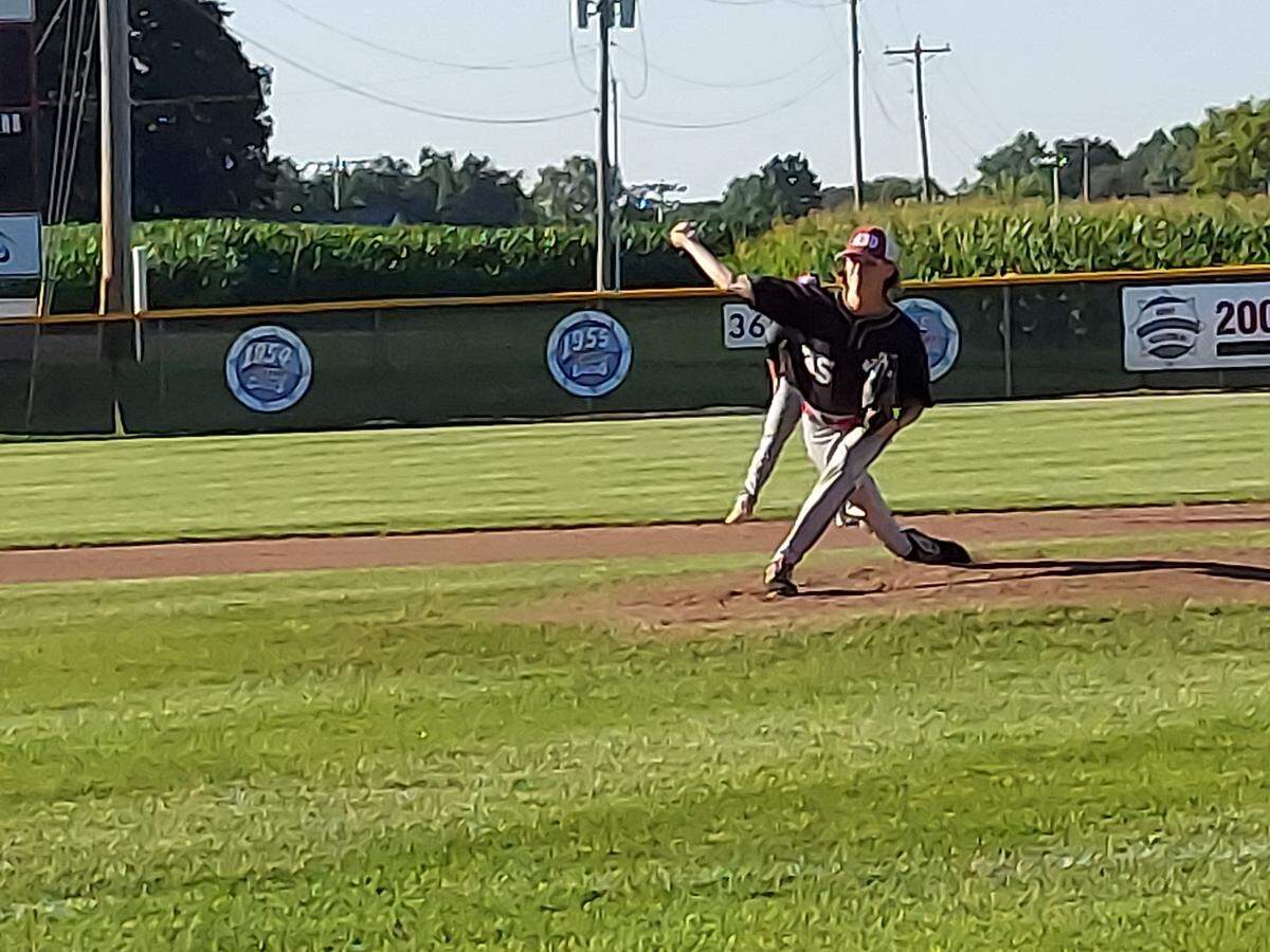 Highland’s Mason Barnes delivers a pitch during the first game of the District 22 championship series Wednesday, July 20, at Glik Park in Highland. Post 439 dropped that game and then lost the nightcap to see their season end at 6-14.