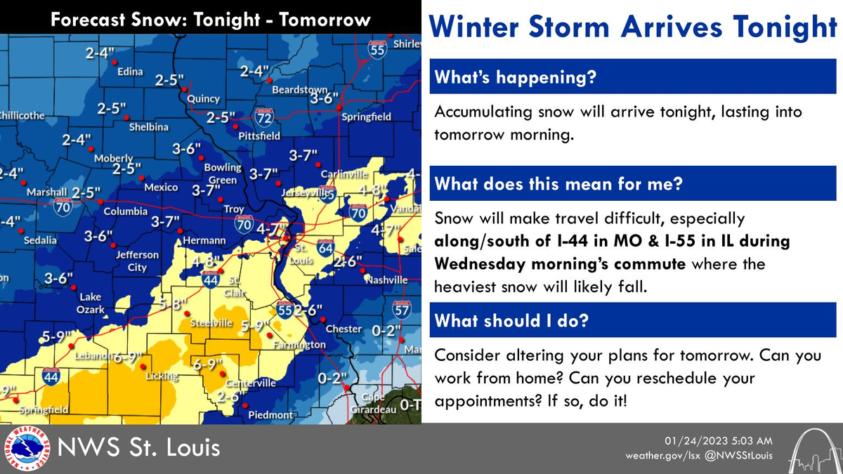 According to Melissa Byrd, a meteorologist with the National Weather Services of St. Louis, the region can expect anywhere from 4-8 inches of snow beginning Tuesday night.