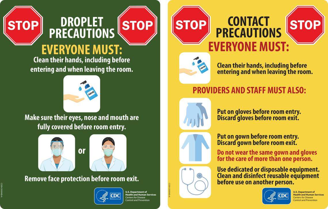 These are examples of signs created by the Centers for Disease Control and Prevention that health care providers can post outside a patient’s room to tell employees they should take certain precautions to prevent germs from spreading.