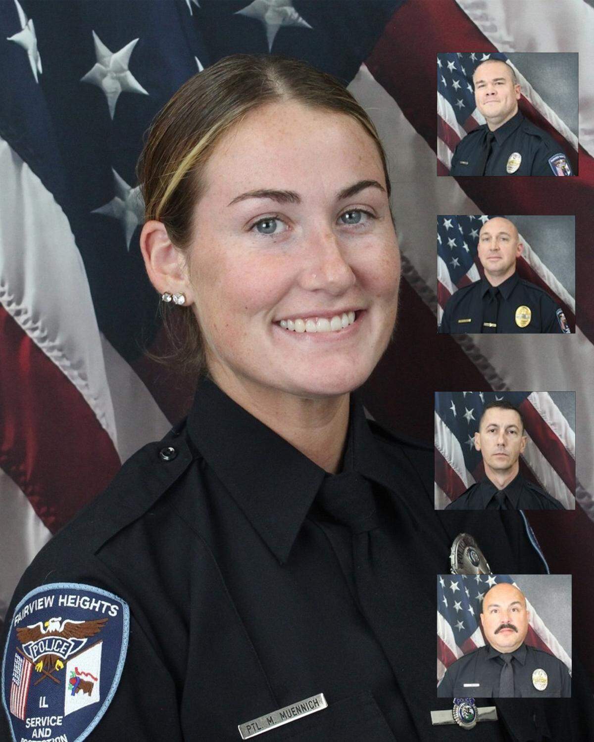 Fairview Heights Police Officer Molly Muennich. The officers on the right are Jon Henne, Sgt. Jason Totel, Andrew Ward and Tony Raimundi.