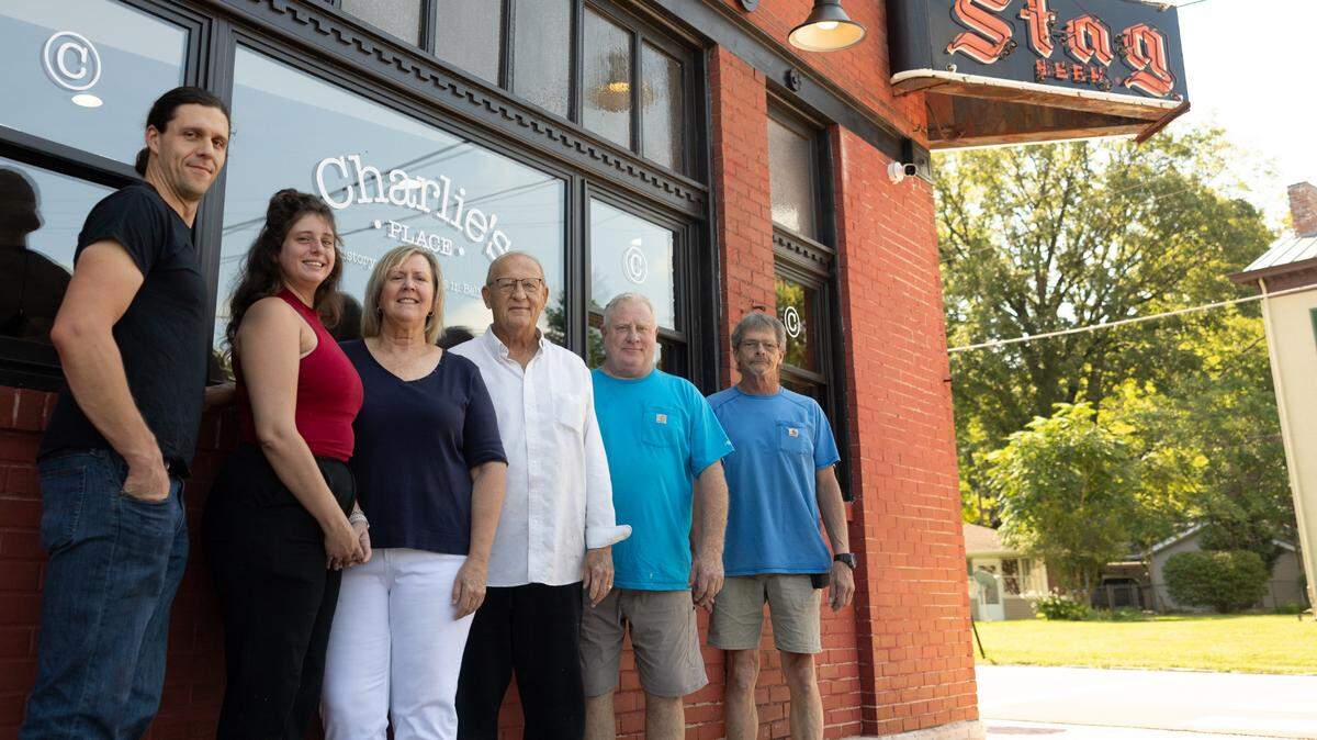The renovation and reopening crew at Charlie’s Place in Belleville includes, left to right, Executive Chef Joseph Taylor, General Manager Lily Sparen, co-owner Barb Swantner, refinisher Rich Holtman and carpenters Mike Comley and Kevin Bujnak. Not pictured are painters Kelly and Tim Rule, consultant Stephanie Gain, artist Andy Kinsella and Swantner’s sister, Beth Rund.