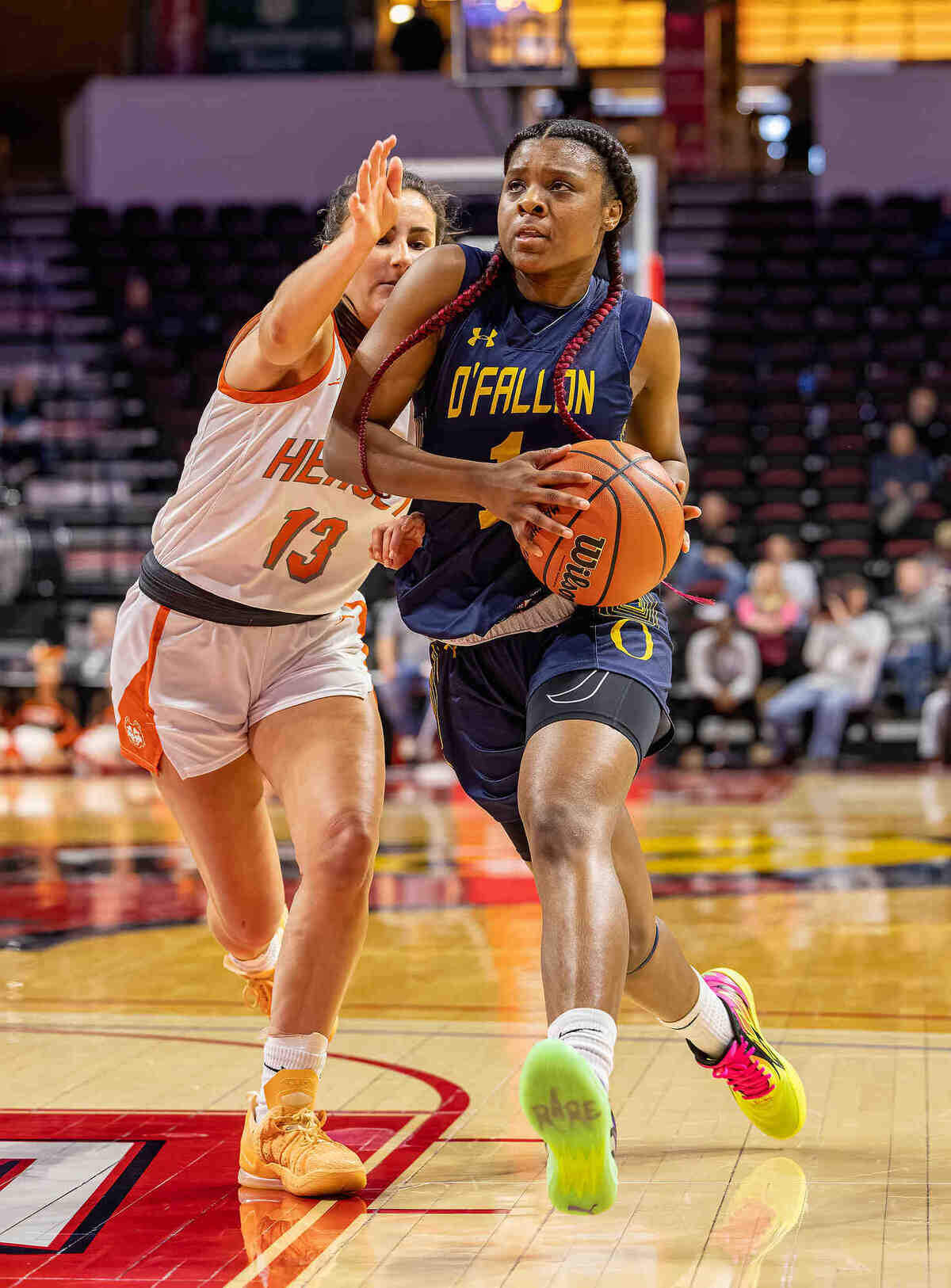 O’Fallon’s Jailah Pelly drives to the basket during Friday’s IHSA Class 4A state semifinals game. The Panthers ultimately prevailed 77-60 to advance to the state title game.