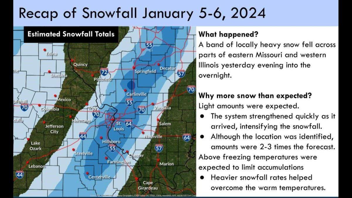 The National Weather Service released this map Saturday regarding the higher-than-expected snowfall amounts on Friday night and early Saturday.