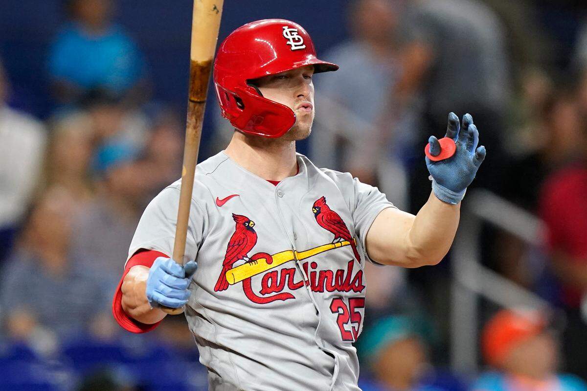 Corey Dickerson of the St. Louis Cardinals reacts after flying out during the first inning of a game against the Miami Marlins in April. Dickerson, an offseason pickup by the St. Louis Cardinals, has struggled thus far in 2022 but has shown signs of breaking loose during a recent surge.