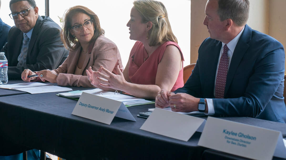 Assistant U.S. Secretary for Economic Development Alejandra Castillo listens as U.S. Rep. Nikki Budzinksi talks about economic development in Alton on Monday. Metro East leaders are taking a regional approach to overall economic development.