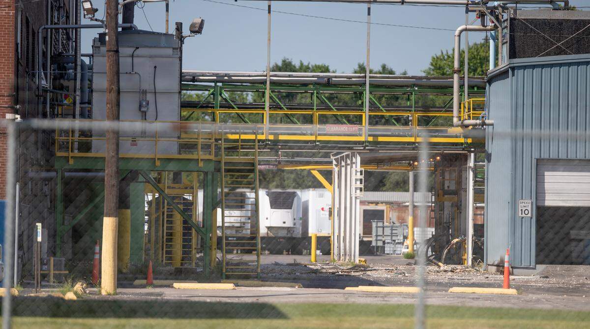 Two workers were injured at Allnex USA Inc., during a fire inside the chemical plant in East St. Louis on Sunday night. The company produces adhesives, sealants and specialty coatings. It is located in the 2900 block of Missouri Avenue. Debris from the fire can be seen on the ground.