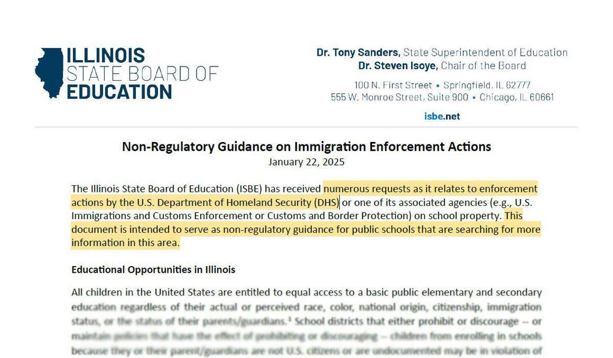 The Illinois State Board of Education is advising local school officials to be prepared in the event federal immigration officials try to take enforcement actions on school grounds. (Highlights added)