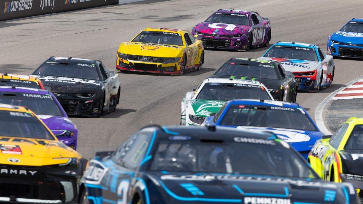 Eventual race winner Austin Cindric leads the the Enjoy Illinois 300 Cup Race at Worldwide Technology Raceway in Madison on June 2, 2024.