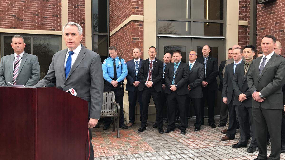 Madison County State’s Attorney Tom Gibbons announces at a news conference on March 19, 2019, that murder charges had been filed in the Edwardsville stabbing deaths of Lois and Michael Ladd.