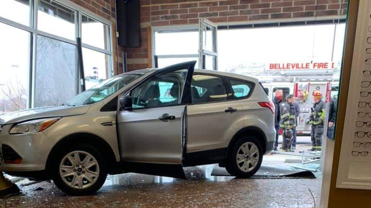 A car crashed into the All About Eyes store on Tuesday morning in the Belleville Crossing shopping center but no injuries were reported. A Ford Escape driven by a woman smashed through the front window but the vehicle did not hit anyone, Belleville Fire Chief Tom Pour said.