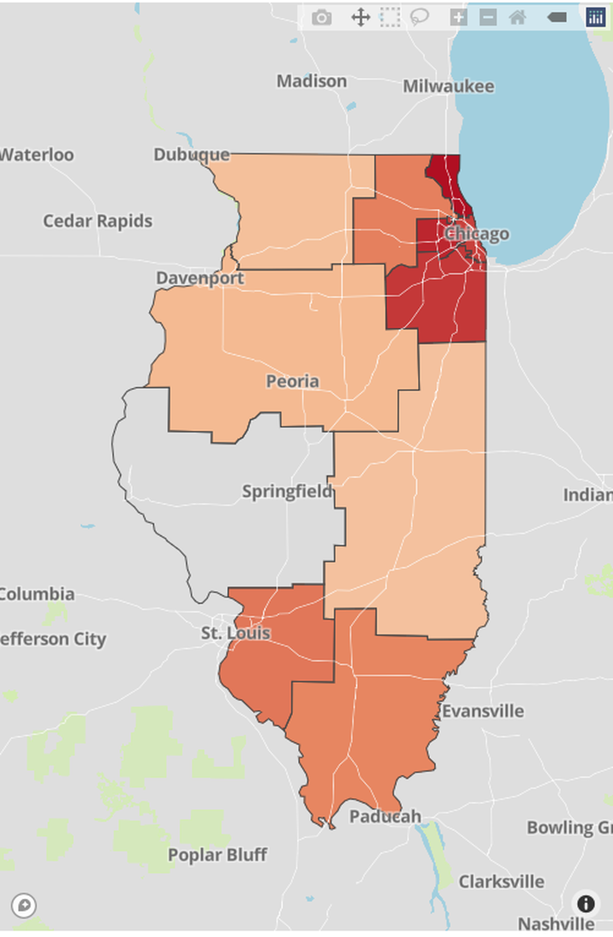 This map shows regions where the Illinois Department of Public Health tracks and reports hospital resource data. The data is based on daily counts that hospitals report to the department.