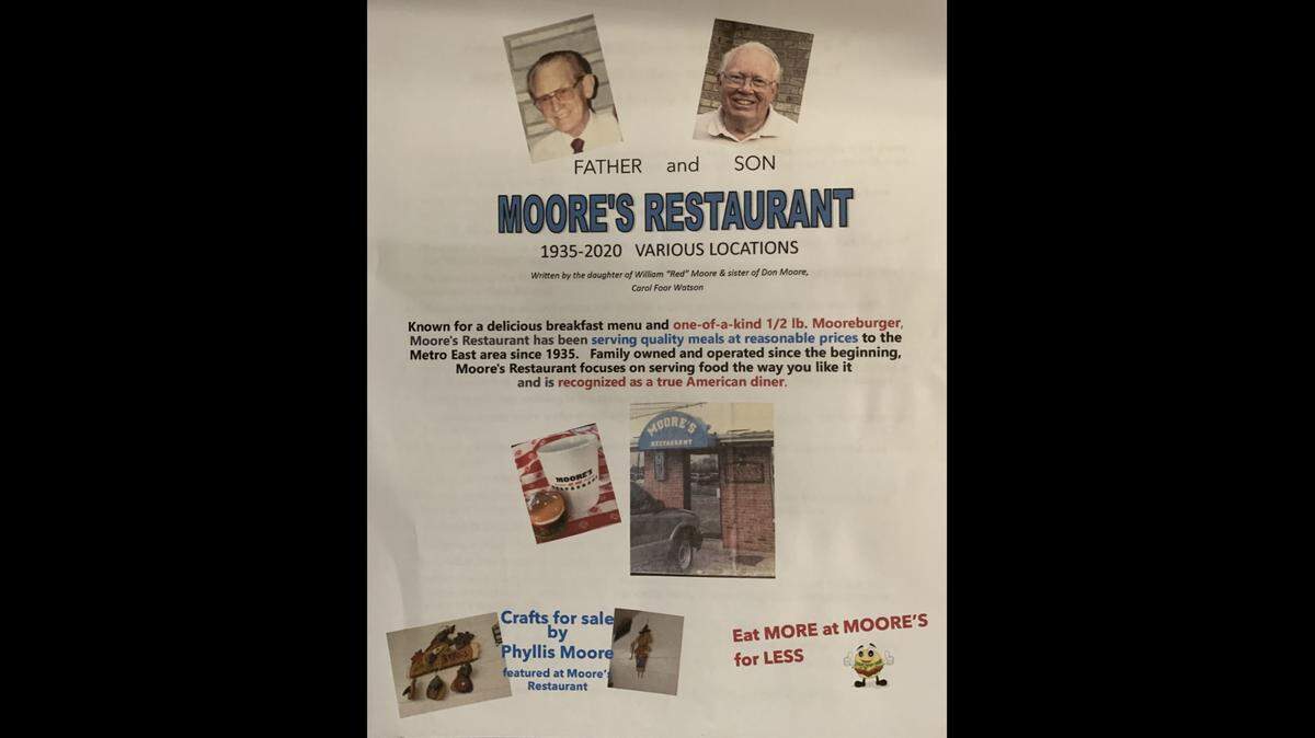 This flyer celebrates the 85th anniversary of the Moore’s Restaurant chain. At top are founder William “Red” Moore and his son, Don Moore, who recently retired.