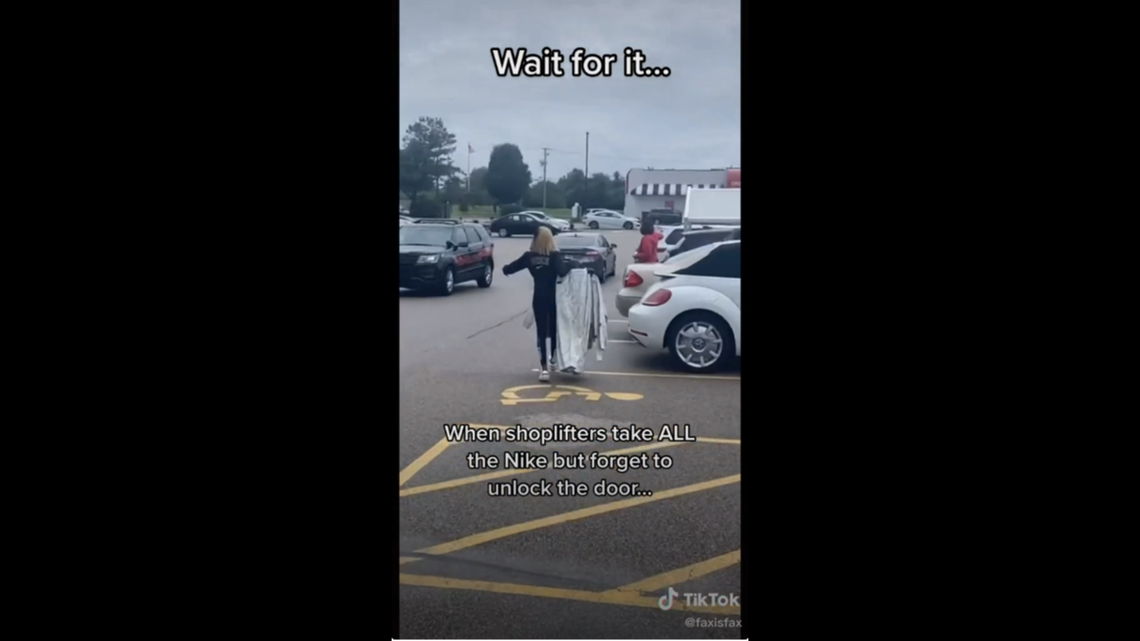 A viral TikTok shows a woman locked out of a getaway car with merchandise. Edwardsville police say she was arrested after shoplifting.
