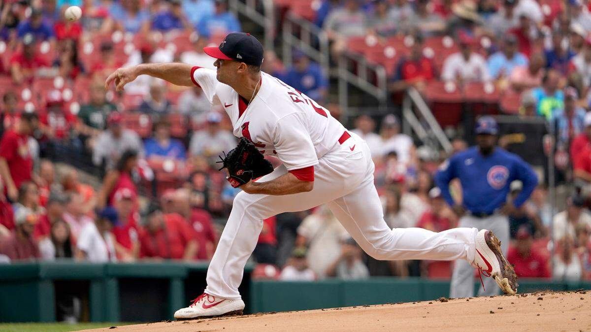 St. Louis Cardinals starting pitcher Jack Flaherty throws during the first inning of a baseball game against the Chicago Cubs Sunday, June 26, 2022, in St. Louis. (AP Photo/Jeff Roberson)