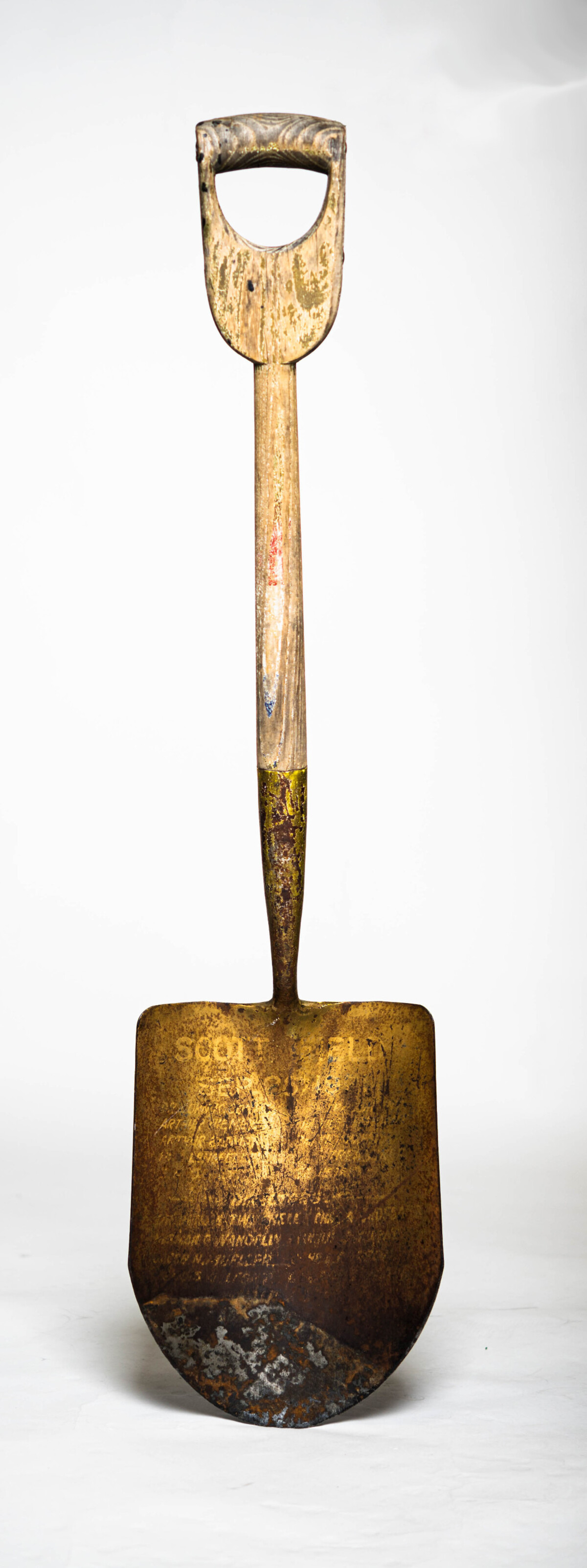 The shovel used during the Sept. 26, 1921, ground breaking ceremony of the Airship Hangar at Scott Air Force Base, Illinois, is photographed April 29, 2022. After the ceremony in 1921, the shovel was lost at the conclusion of the ceremony for more than 100 years and was later brought back to Scott as a historic artifact.