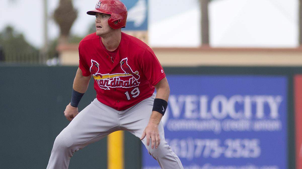 Backup catcher Carson Kelly on the basepaths during a spring training game in Jupiter, Florida.