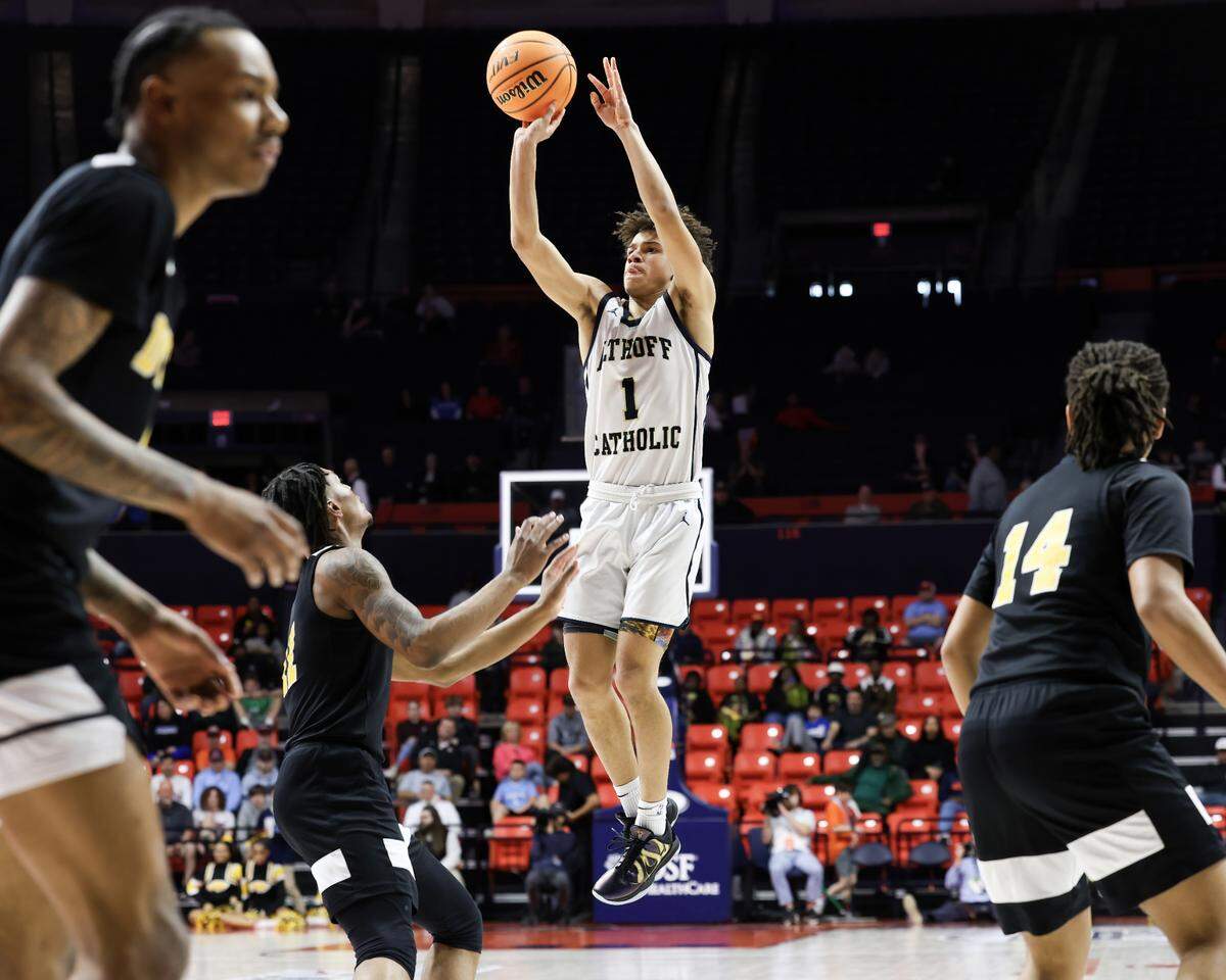 March 15, 2025 - , - Belleville Althoff’s Bryden Gryzmala takes a shot during the IHSA, 2A championship game against Chicago (Dyett) at the State Farm Center in Champaign. [Photo: Chris Johns]