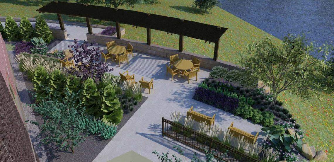 This artist rendering shows a lakeside healing garden that is planned for the new Siteman Cancer Center location at Memorial Hospital East in Shiloh.