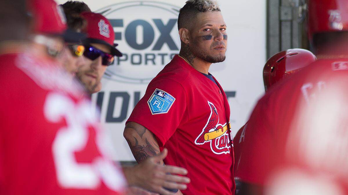 Cardinals starting catcher Yadier Molina in the dugout during a spring training game in Jupiter, Florida.