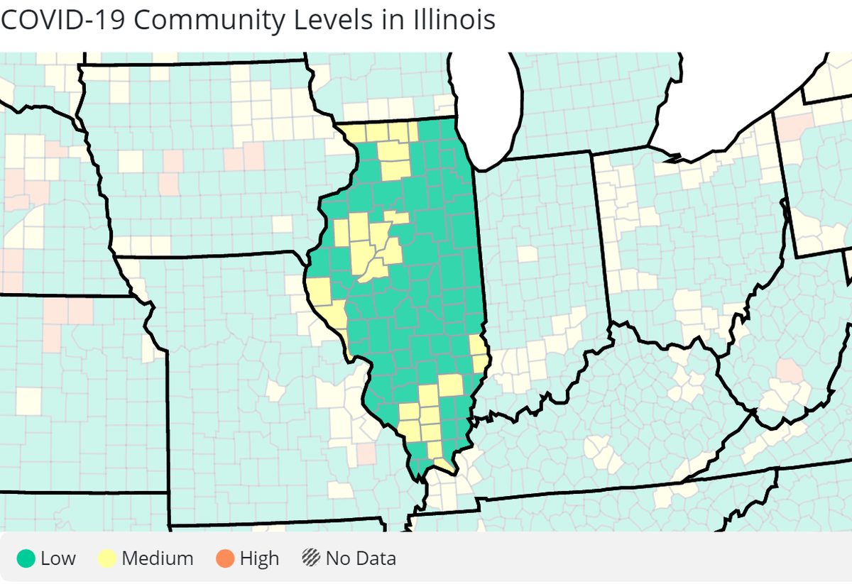 The U.S. Centers for Disease Control and Prevention rated 26 Illinois counties at a medium COVID-19 community level in the Thursday update.