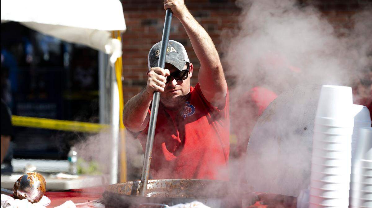 Belleville firefighter Nick Lombardo stirs chili for the Belleville Firefighters Local 53 union chili booth last year during the 37th annual Belleville Chili Cook-Off in downtown Belleville. This year’s event takes place 11 a.m. to 10:30 p.m. Friday, Oct. 7, and Saturday, Oct. 8.