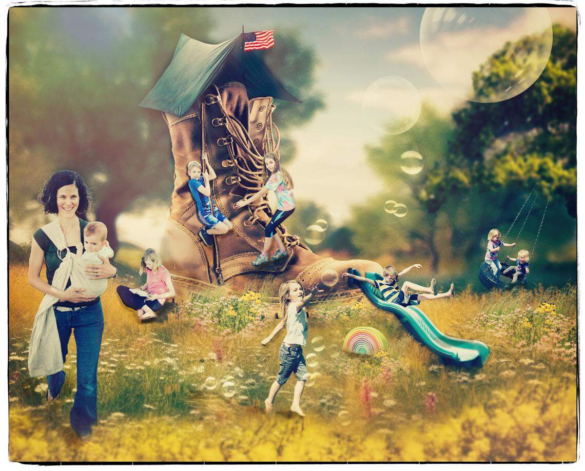 A photo illustration of Stephanie Cox and her children based off the nursery rhyme “There Was an Old Woman Who Lived in a Shoe,” but changed to “There Was a Young Mother Who Lived in Boot.” As a military spouse and mother to eight children, she uses her master’s degree in Math Education to teach and play while husband, Maj. Clay Cox, deploys. Stephanie is also an avid runner and proudly drives the 15-pax family van, fondly dubbed the “mamma beluga.”