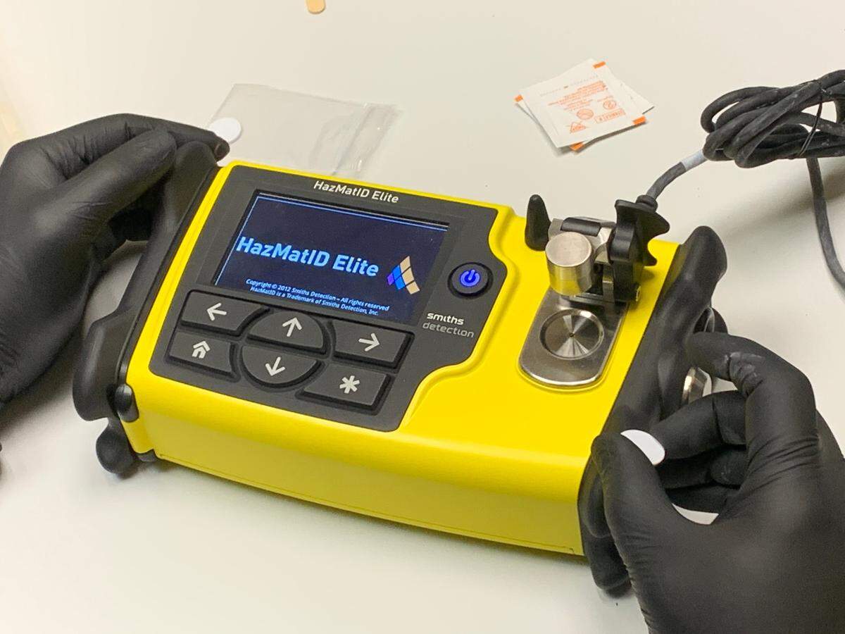 This is the device used to identify the substance found in an envelope at the St. Clair County Building on Tuesday. Belleville Fire Chief Tom Pour said the material was identified as onion salt.