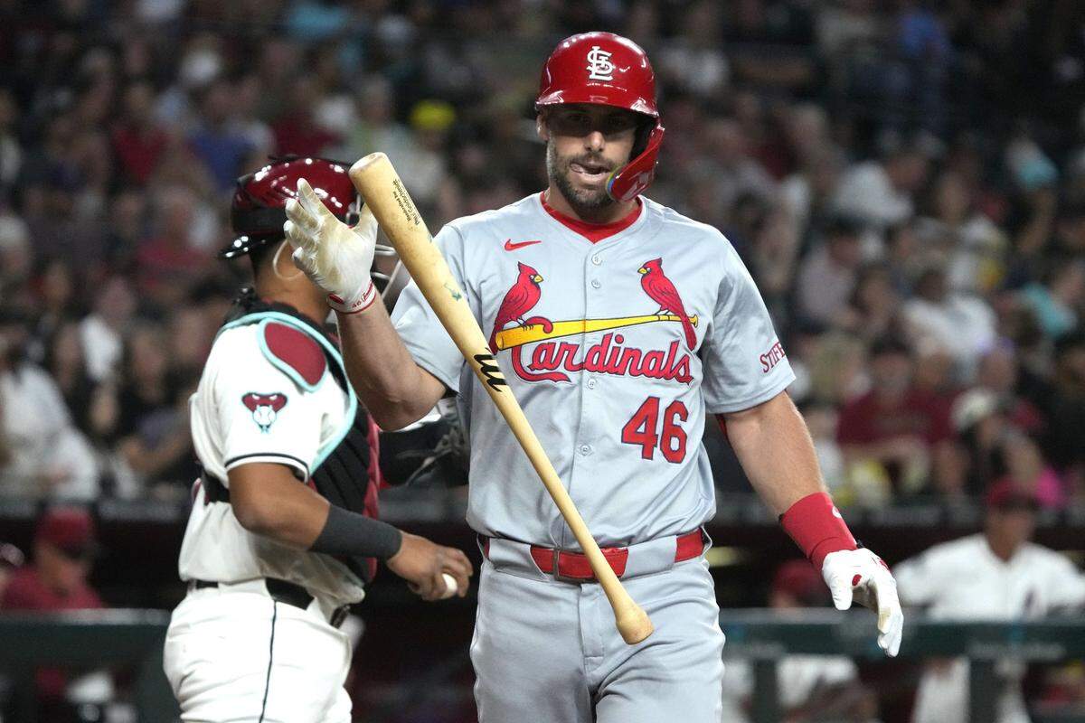 Apr 12, 2024; Phoenix, Arizona, USA; St. Louis Cardinals first base Paul Goldschmidt (46) reacts after striking out against the Arizona Diamondbacks in the second inning at Chase Field. Mandatory Credit: Rick Scuteri-USA TODAY Sports