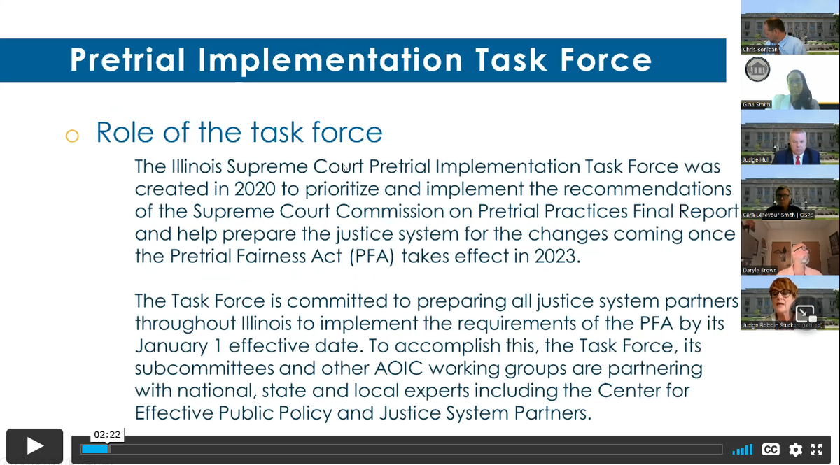 The Pretrial Implementation Task Force formed by the Supreme Court is pictured at a June town hall.