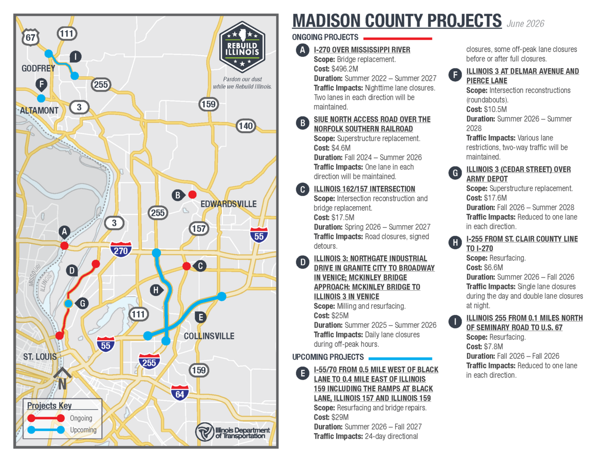 The map shows four ongoing construction projects scattered across Madison County and five upcoming projects, including two in Godfrey. Four of the projects include long-term lane closures on long stretches of road.