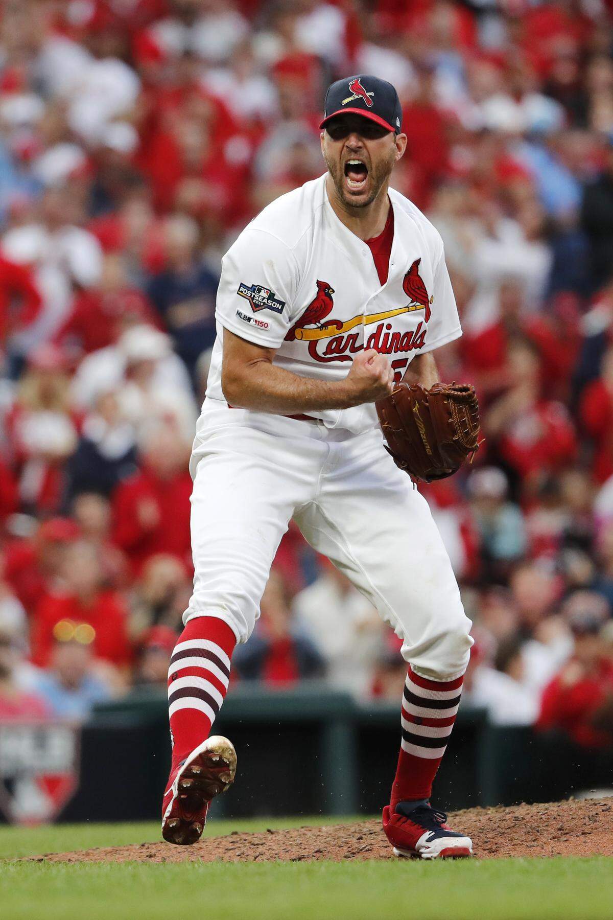 St. Louis Cardinals starting pitcher Adam Wainwright celebrates after striking out Atlanta Braves’ Freddie Freeman to end the top of the sixth inning in Game 3 of a baseball National League Division Series on Sunday, Oct. 6, 2019, in St. Louis. (AP Photo/Jeff Roberson)