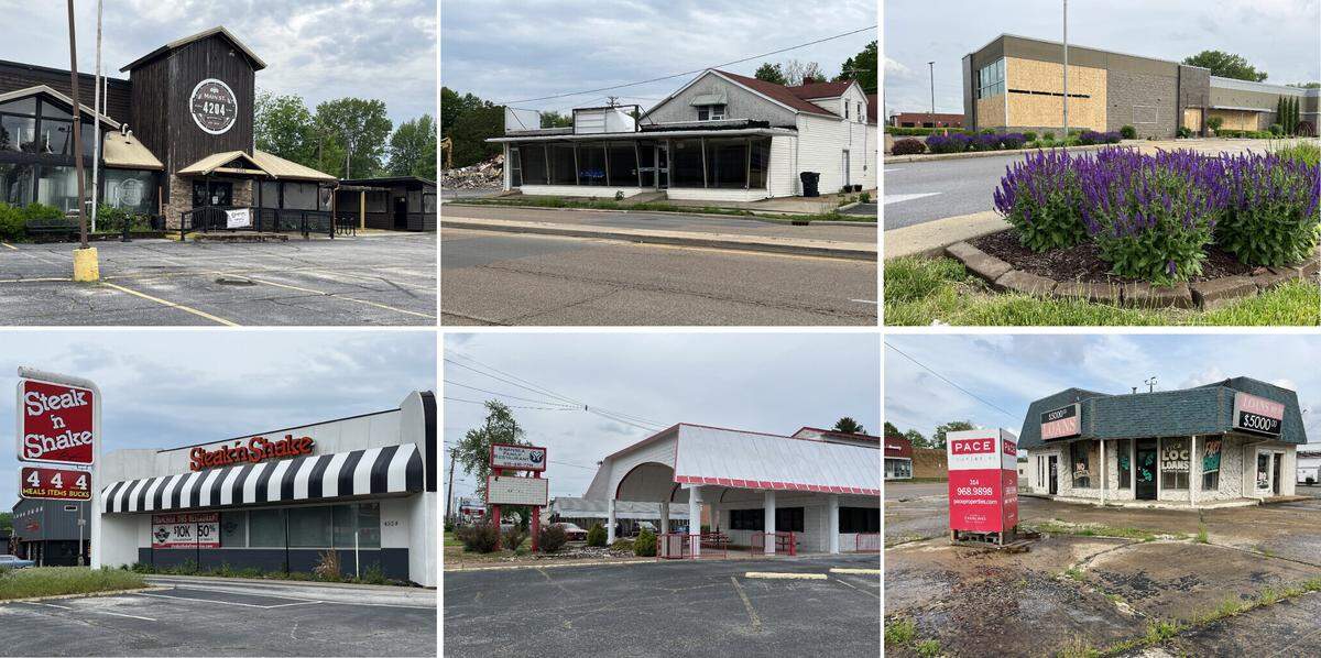 These are among the vacant buildings in the vicinity of West Main Street and North Belt West in Belleville. At top left is a boarded-up McDonald’s restaurant that closed earlier this year.