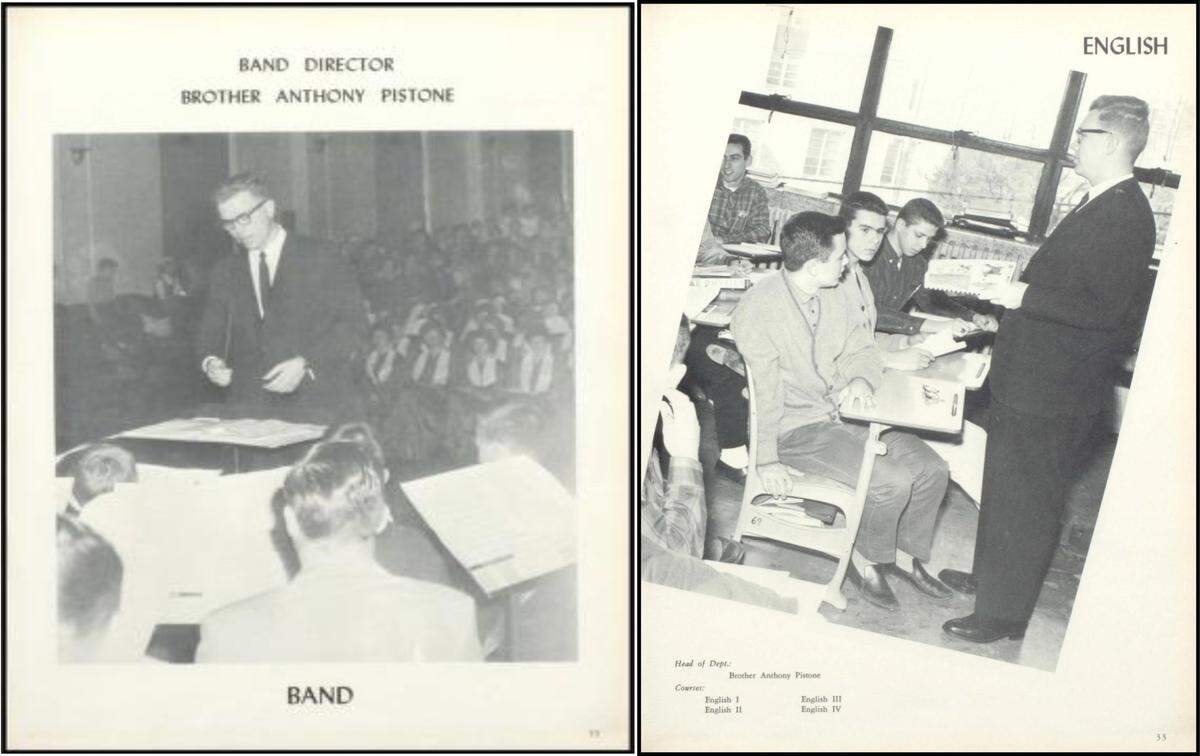Brother Anthony J. Pistone is shown in the 1963 yearbook for Cathedral Central Catholic High School in Belleville directing band and teaching English.