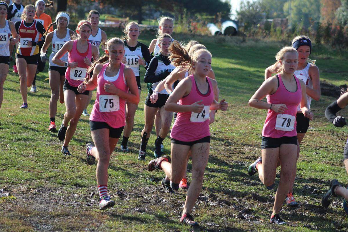 Highland runners Julia Loeh (78), Faith Brindley (74), Maddie Dortch (75), and Grace Meyer (82) run in the Class 2A girls cross country sectional Nov. 2, 2019, at Decatur McArthur High School in Decatur. Dortch will be a key returnee for the Lady Bulldogs this fall.