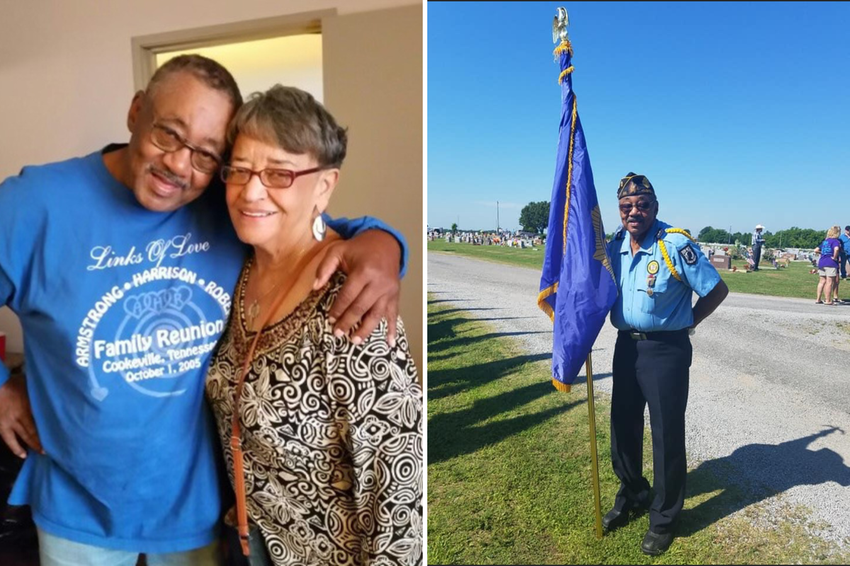 Joe Harrison poses alongside his niece Patti Pouncil, left, and Harrison serving with the American Legion during an Independence Day parade, right.