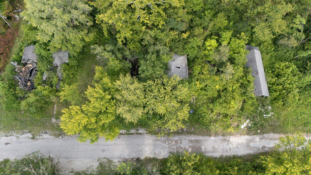 Drone photograph showing a row of condemned properties slated for demolition along N. 60th St. in East St. Louis, Ill. on July 29, 2024.